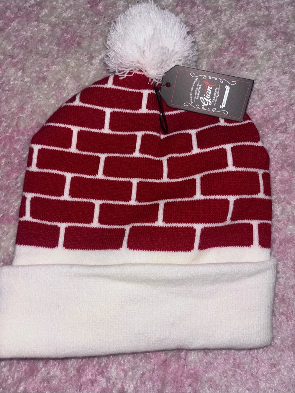 Red & White Brick Pattern Pom Beanie with Candy Cane Detail